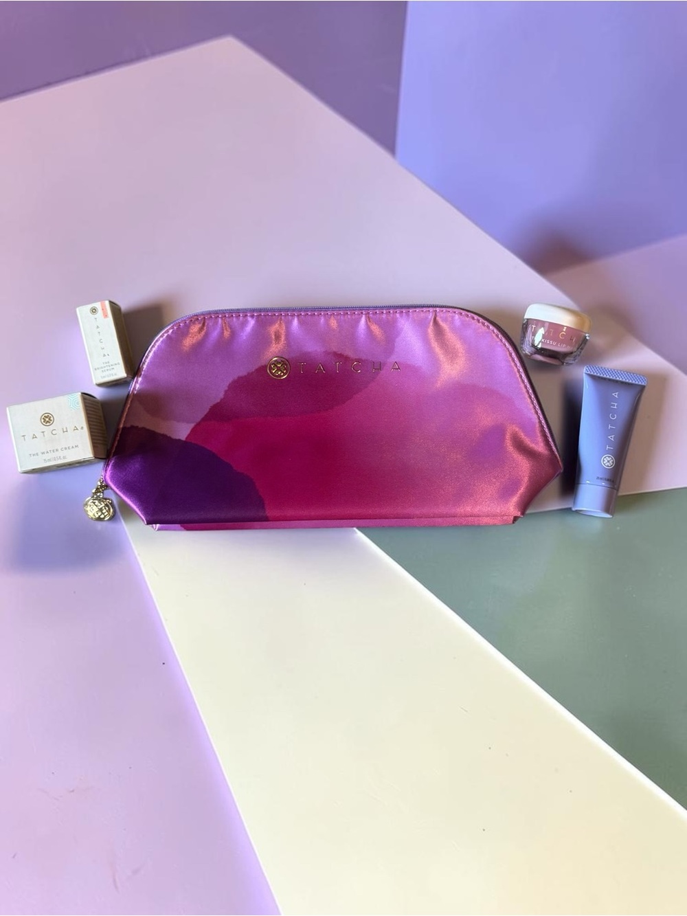 NIB Tatcha Travel Essentials Set with Purple Satin Cosmetic Bag